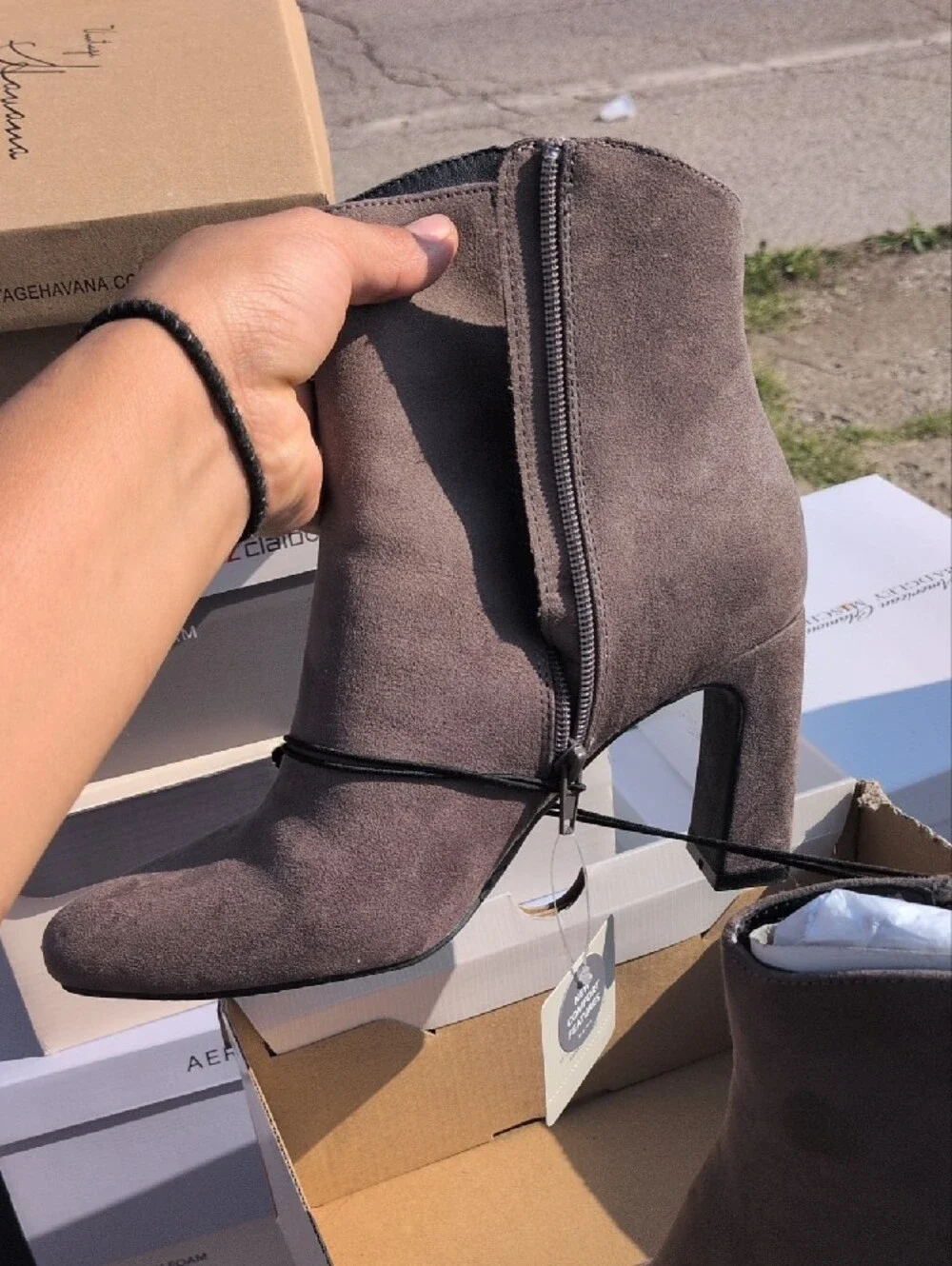 Stylish Gray Suede Pointed-Toe Block Heel Ankle Boots